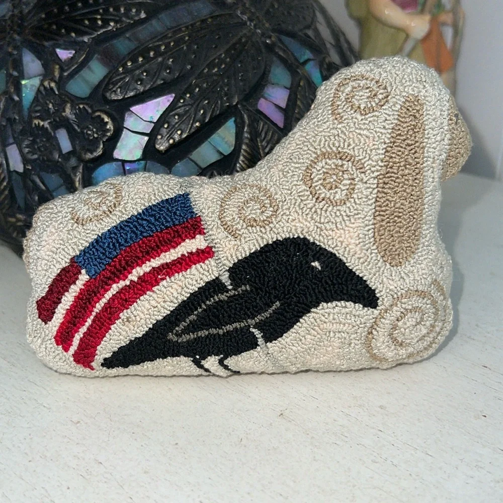 Vintage folk art embroidered mini pillow primitive flag sheep bird
